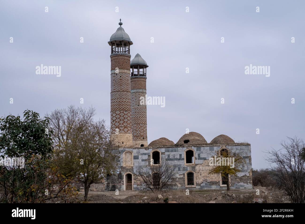 AGDAM, AZERBAIJAN - DECEMBER 14: Exterior of the19th century Juma Mosque the only building left standing in the town of Agdam which was destroyed by Armenian forces during the First Nagorno-Karabakh War on December 14, 2020 in Agdam, Azerbaijan. The town and its surrounding district were returned to Azerbaijani control as part of an agreement that ended the 2020 Nagorno-Karabakh War. Stock Photo