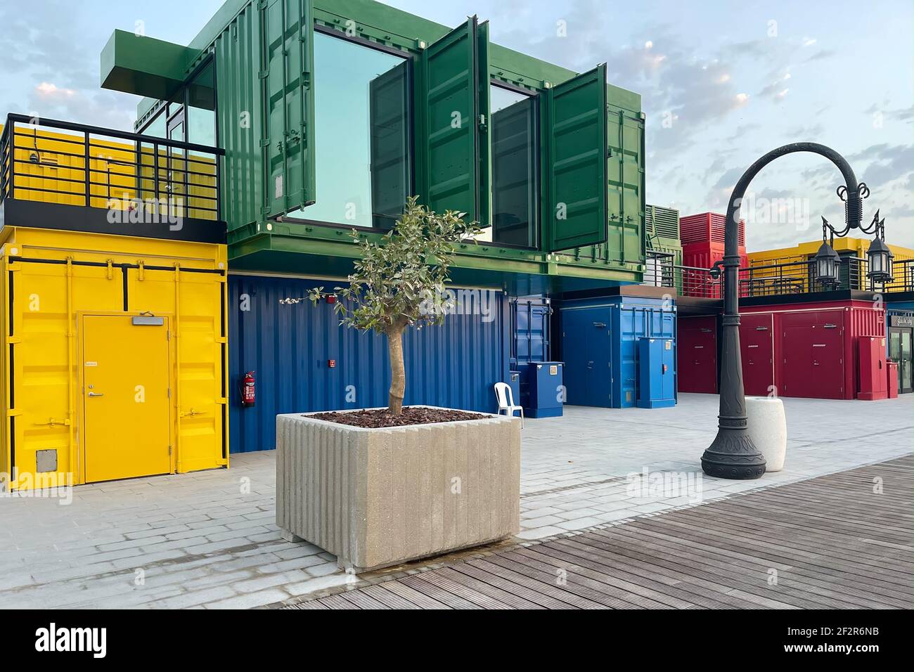 Eclectic Street Corniche. Colorful Containers Food Street Stock Photo