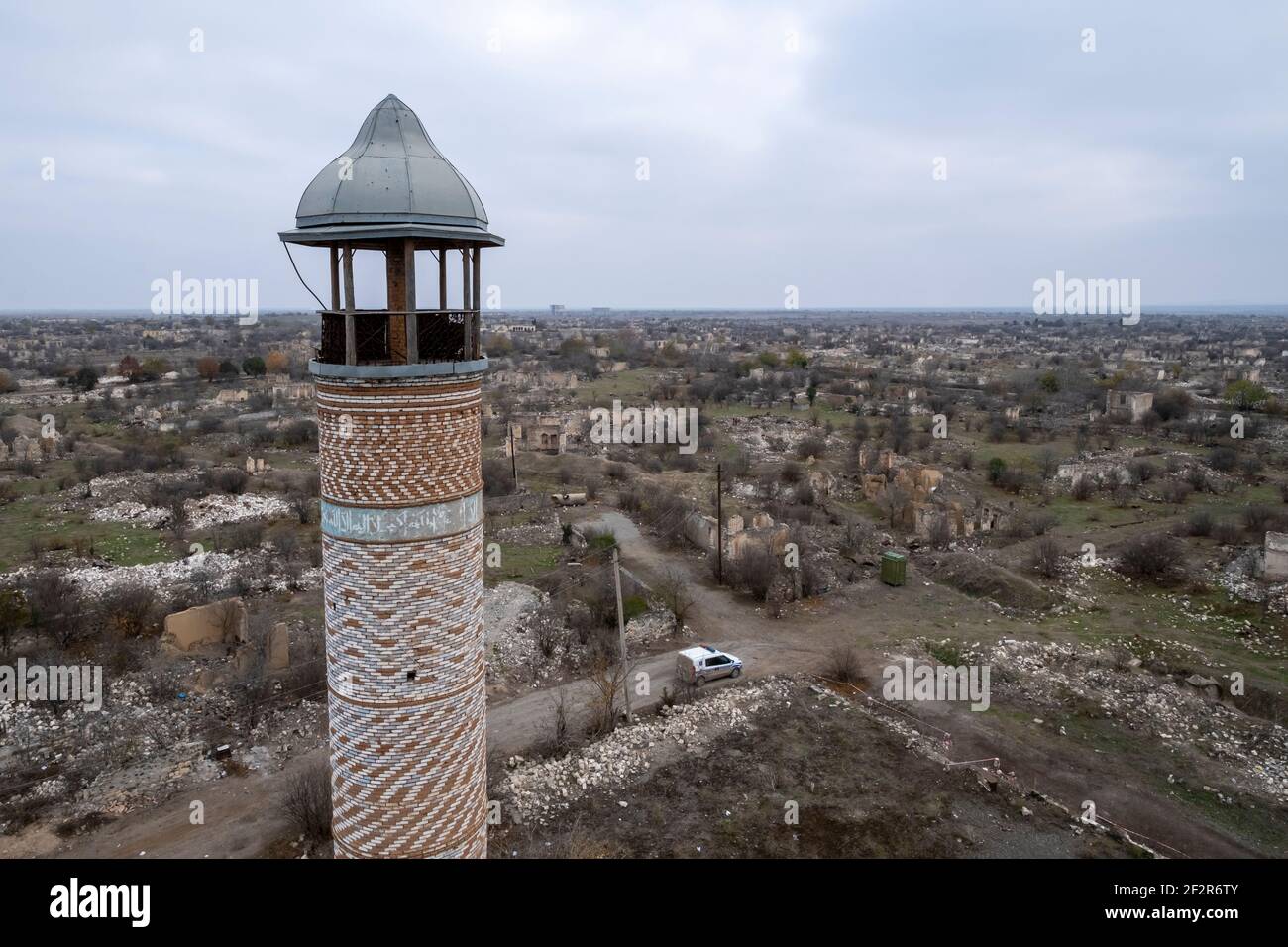 AGDAM, AZERBAIJAN - DECEMBER 14: View from the19th century Juma Mosque the only building left standing in the town of Agdam which was destroyed by Armenian forces during the First Nagorno-Karabakh War on December 14, 2020 in Agdam, Azerbaijan. The town and its surrounding district were returned to Azerbaijani control as part of an agreement that ended the 2020 Nagorno-Karabakh War. Stock Photo