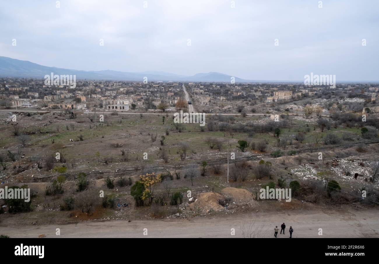 AGDAM, AZERBAIJAN - DECEMBER 14: General view of the town of Agdam which was destroyed by Armenian forces during the First Nagorno-Karabakh War on December 14, 2020 in Agdam, Azerbaijan. The town and its surrounding district were returned to Azerbaijani control as part of an agreement that ended the 2020 Nagorno-Karabakh War. Stock Photo