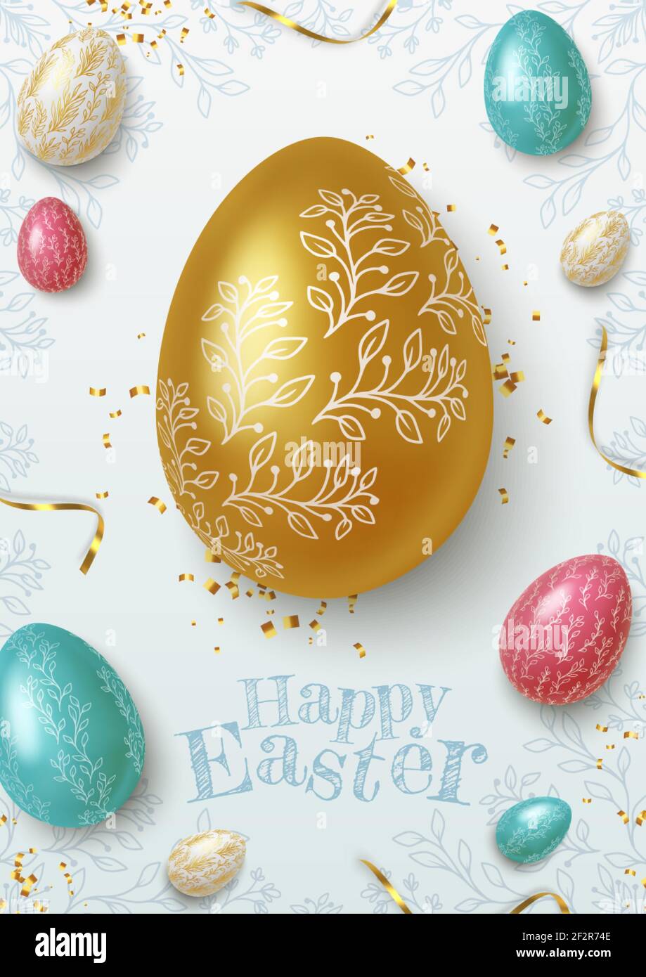 Easter greeting background with realistic golden, blue and white Easter eggs. Vector Stock Vector