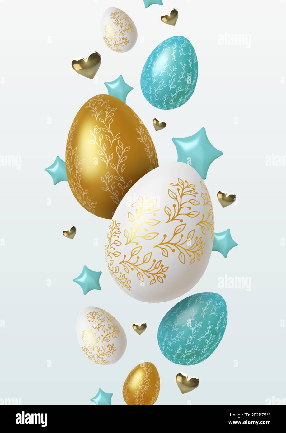 Easter greeting background with realistic golden, blue and white Easter eggs. Vector Stock Vector