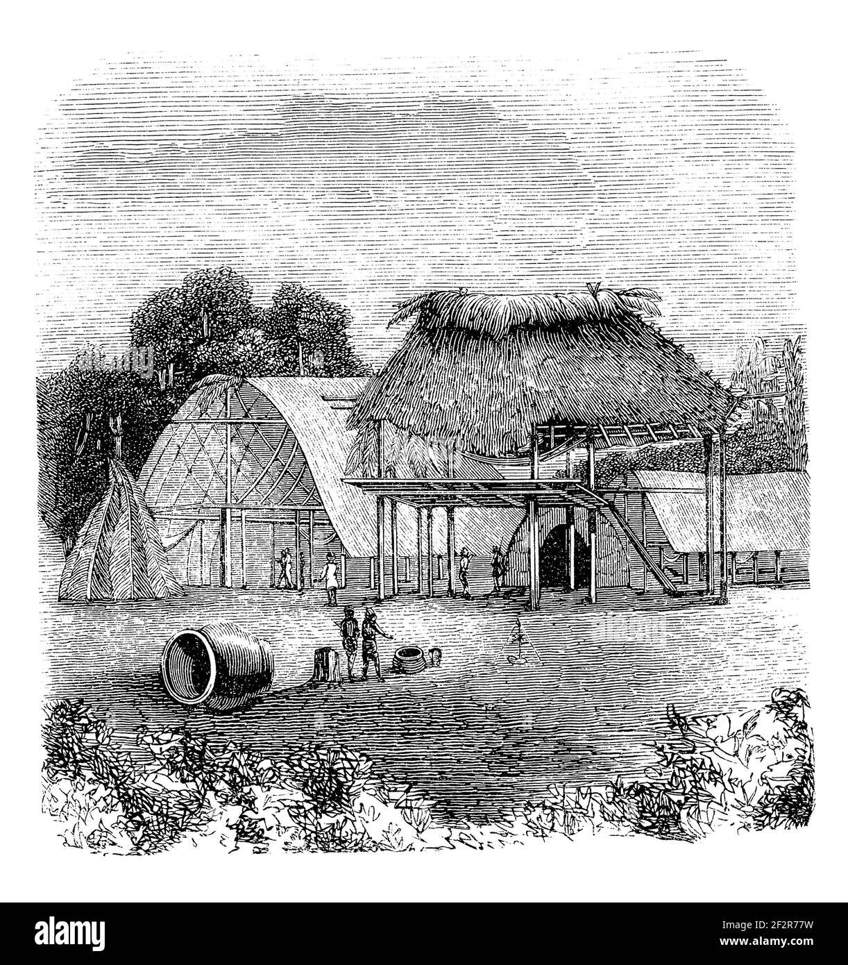 19th-century engraving of a Carib village. Illustration published in Systematischer Bilder-Atlas zum Conversations-Lexikon, Ikonographische Encyklopae Stock Photo