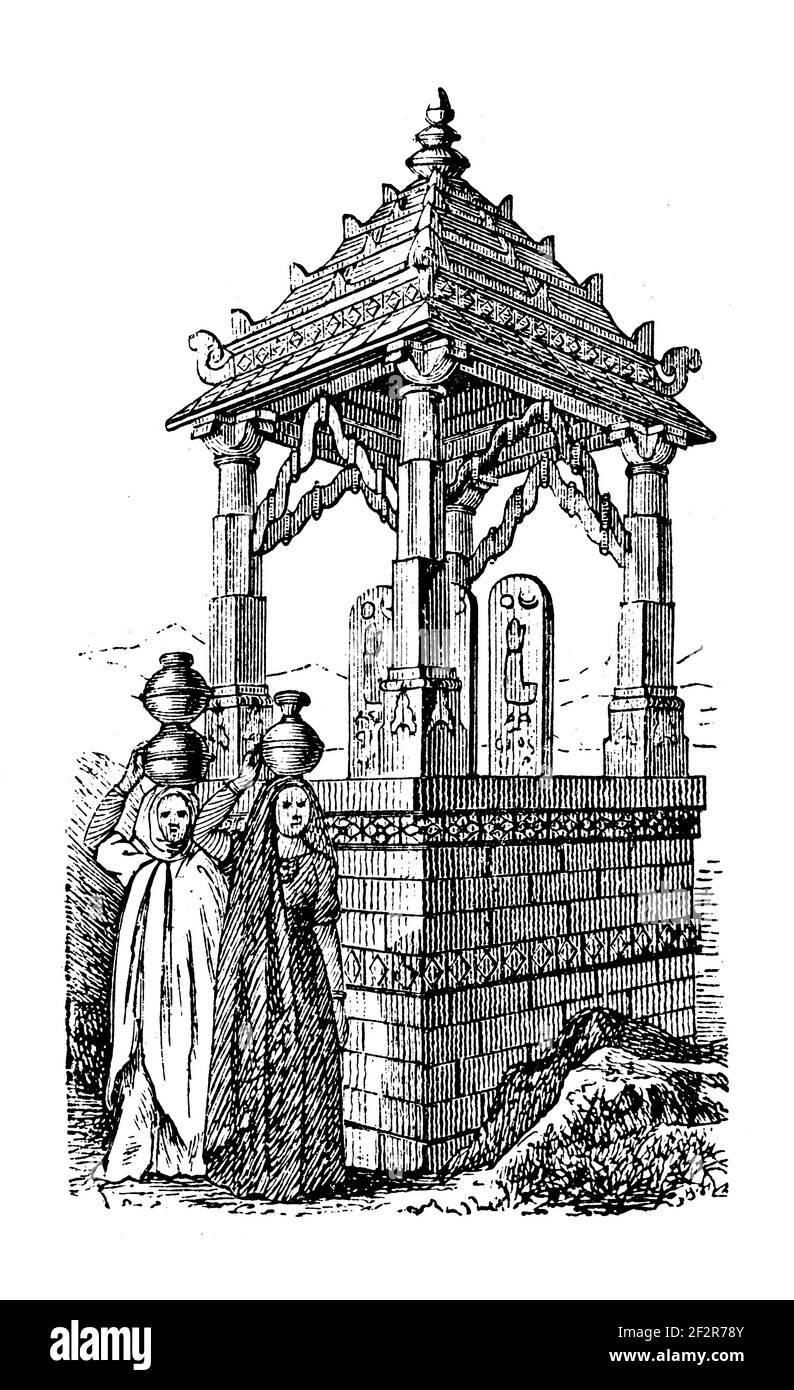 19th-century illustration of a grave of a Rajput. Engraving published in Systematischer Bilder-Atlas zum Conversations-Lexikon, Ikonographische Encykl Stock Photo