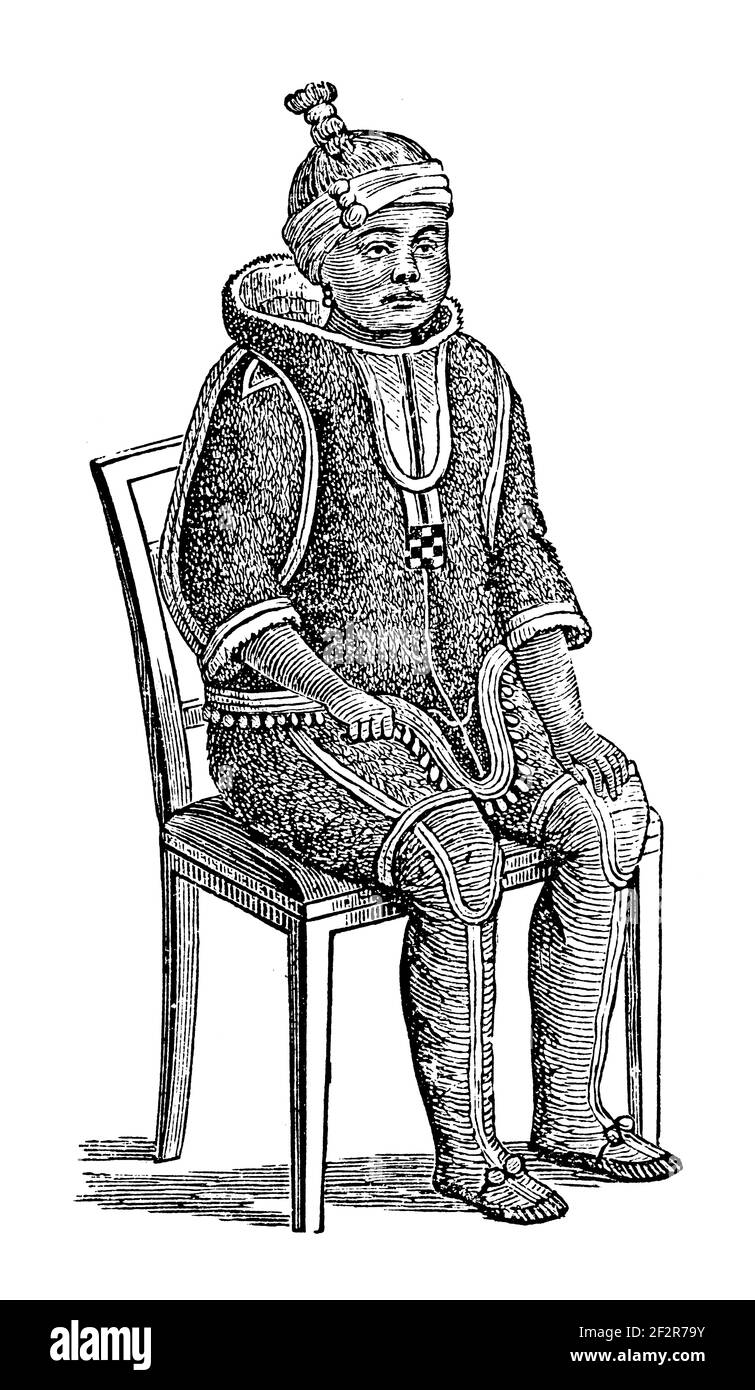 Antique 19th-century engraving of an Eskimo woman. Illustration published in Systematischer Bilder-Atlas zum Conversations-Lexikon, Ikonographische En Stock Photo