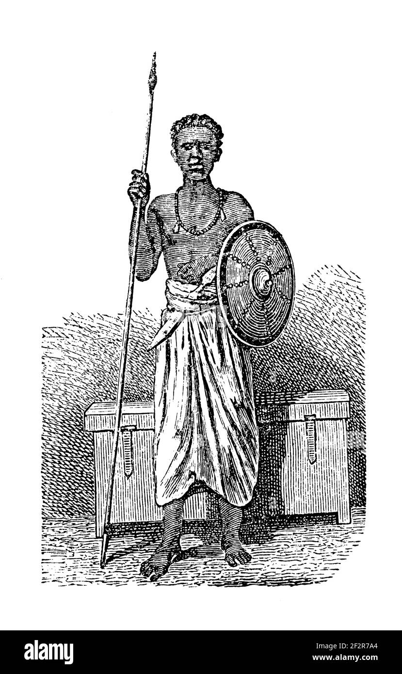 Antique 19th-century engraving of a Somali man. Illustration published in Systematischer Bilder-Atlas zum Conversations-Lexikon, Ikonographische Encyk Stock Photo