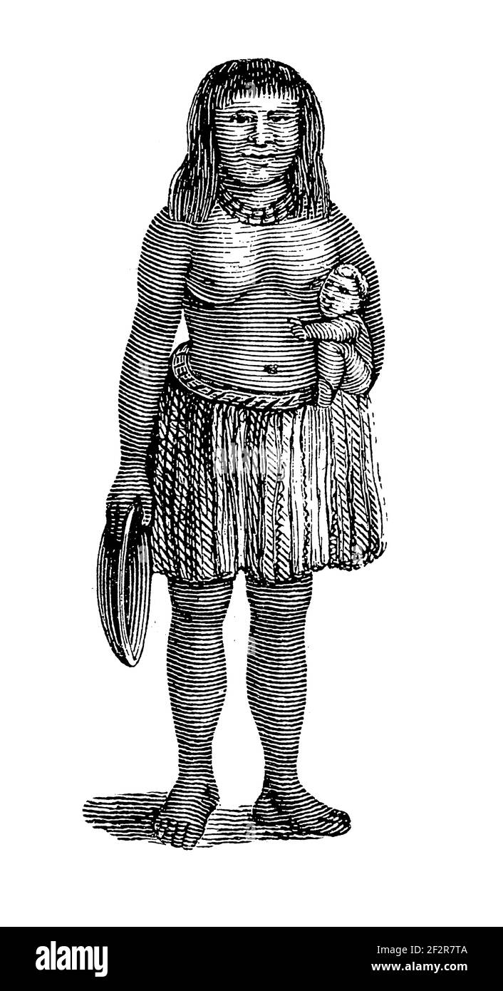Antique 19th-century illustration of Mohave people. Engraving published in Systematischer Bilder-Atlas zum Conversations-Lexikon, Ikonographische Ency Stock Photo