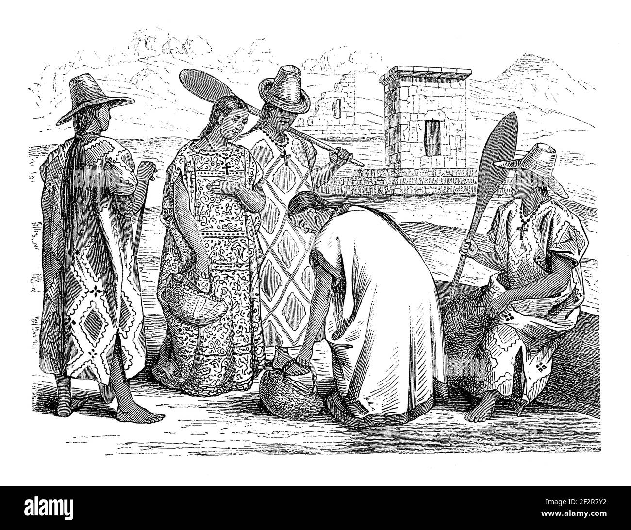 Antique illustration of Moxos Indians. Engraving published in