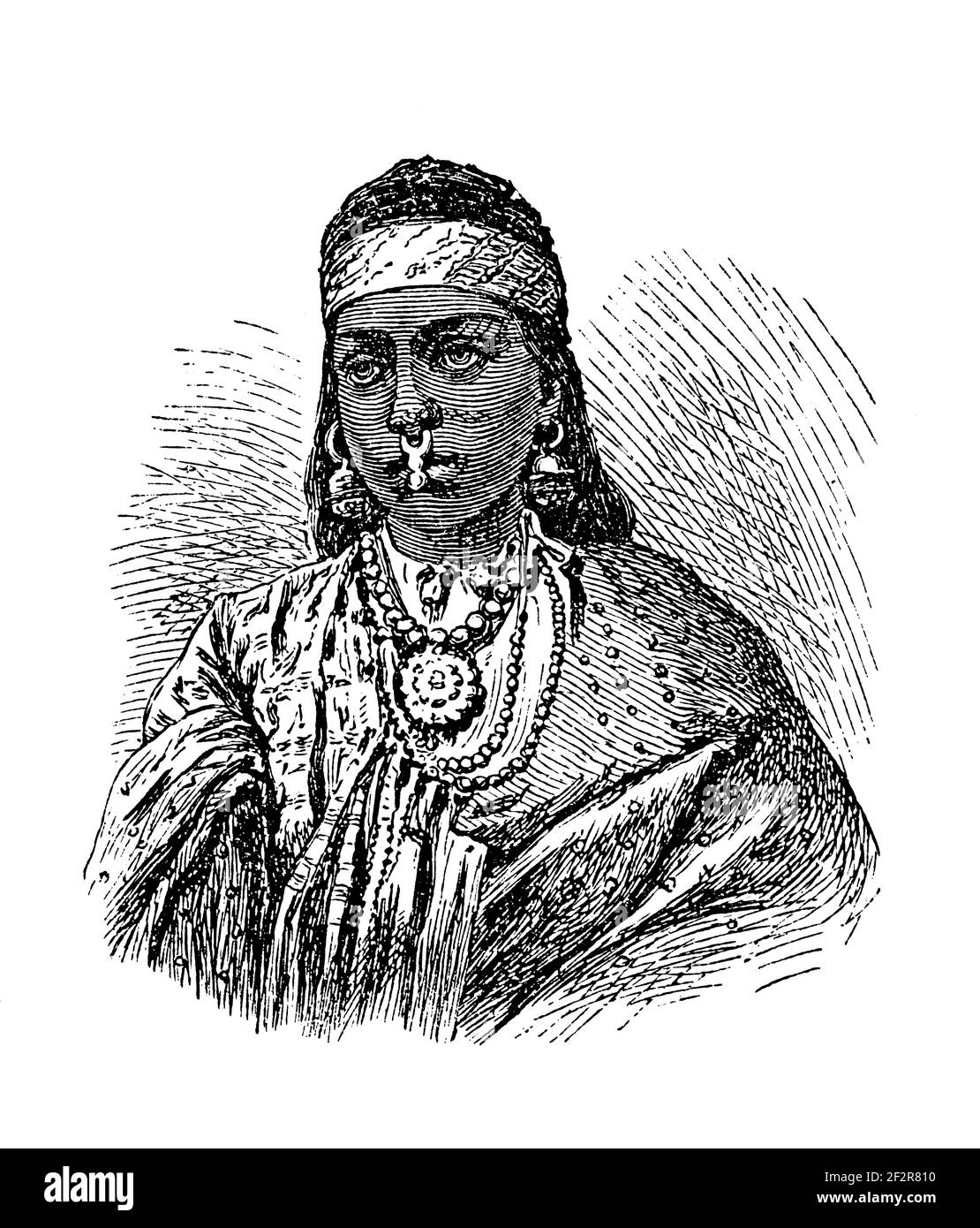 19th-century engraving of a Somali woman. Illustration published in Systematischer Bilder-Atlas zum Conversations-Lexikon, Ikonographische Encyklopaed Stock Photo