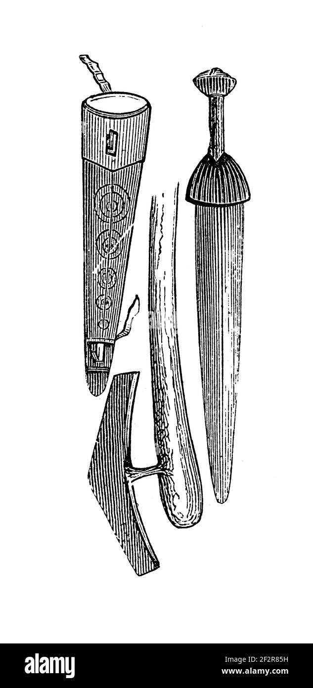 Antique 19th-century illustration of artefacts from Besotho people. Engraving published in Systematischer Bilder-Atlas zum Conversations-Lexikon, Ikon Stock Photo