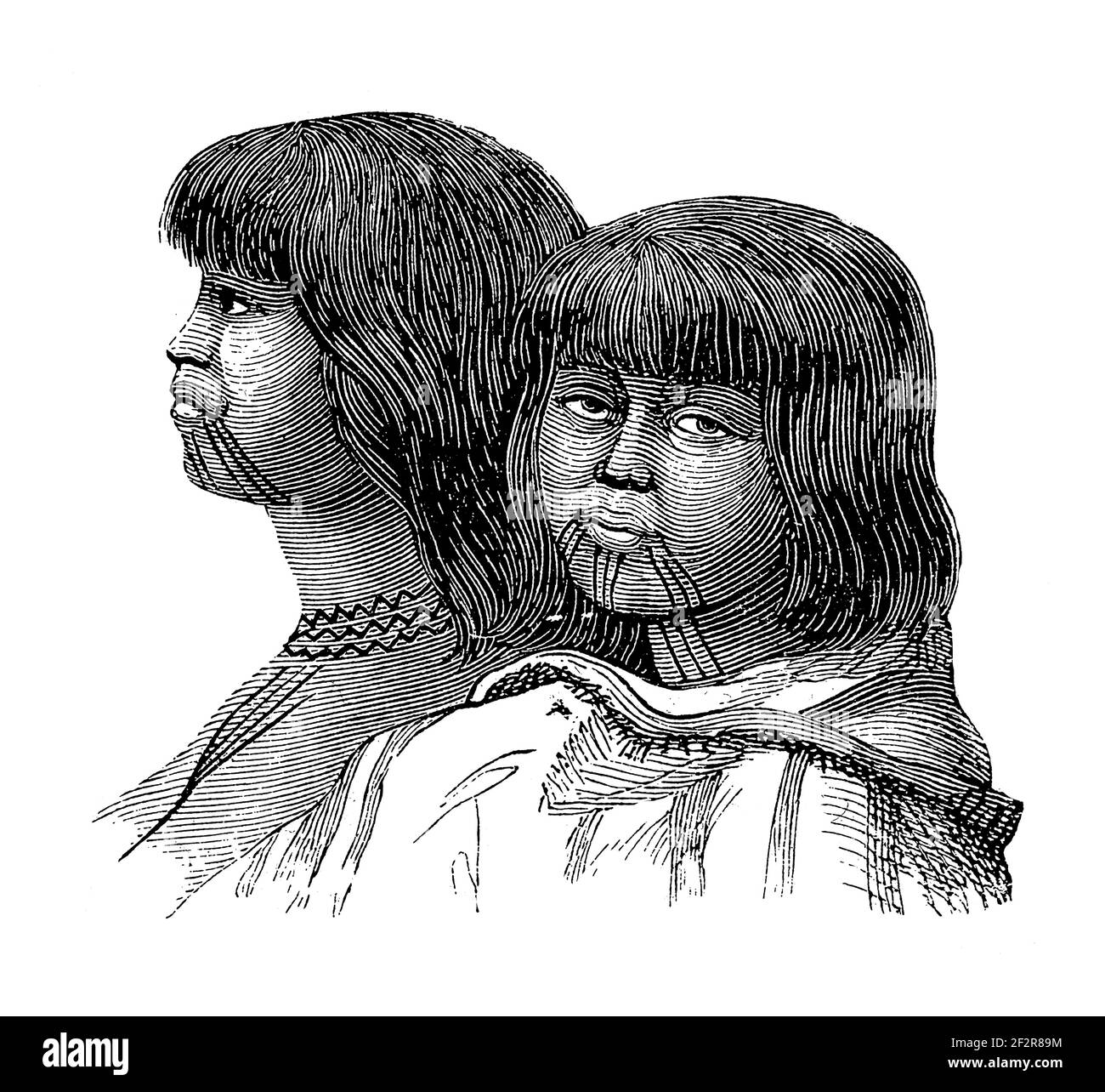 Antique illustration of Californian native tribal people. Engraving published in Systematischer Bilder-Atlas zum Conversations-Lexikon Stock Photo
