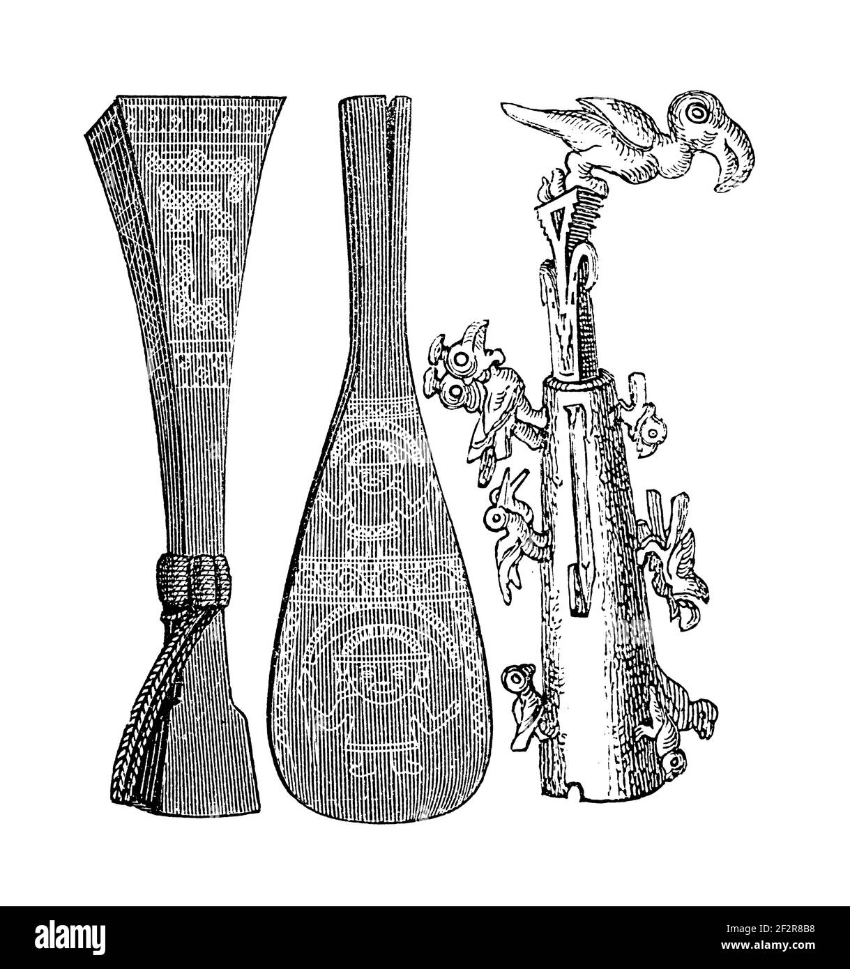 Antique engraving of Inca artefacts. Illustration published in Systematischer Bilder-Atlas zum Conversations-Lexikon, Ikonographische Encyklopaedie de Stock Photo