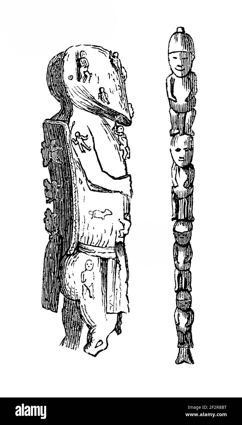 Antique engraving of Polynesian artefacts. Illustration published in Systematischer Bilder-Atlas zum Conversations-Lexikon, Ikonographische Encyklopae Stock Photo