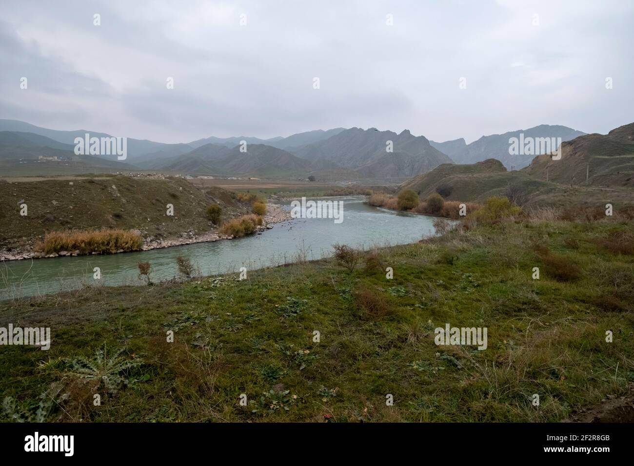 JABRAYIL, AZERBAIJAN - DECEMBER 15: View of the Aras or Araxes or Araks river which flows along the border between Azerbaijan and Iran on December 15, 2020. Aras river borders territory which was controlled by ethnic Armenian authorities in Azerbaijan adjacent to Nagorno-Karabakh and was returned to Azerbaijani control as part of an agreement that ended the 2020 Nagorno-Karabakh War. Stock Photo