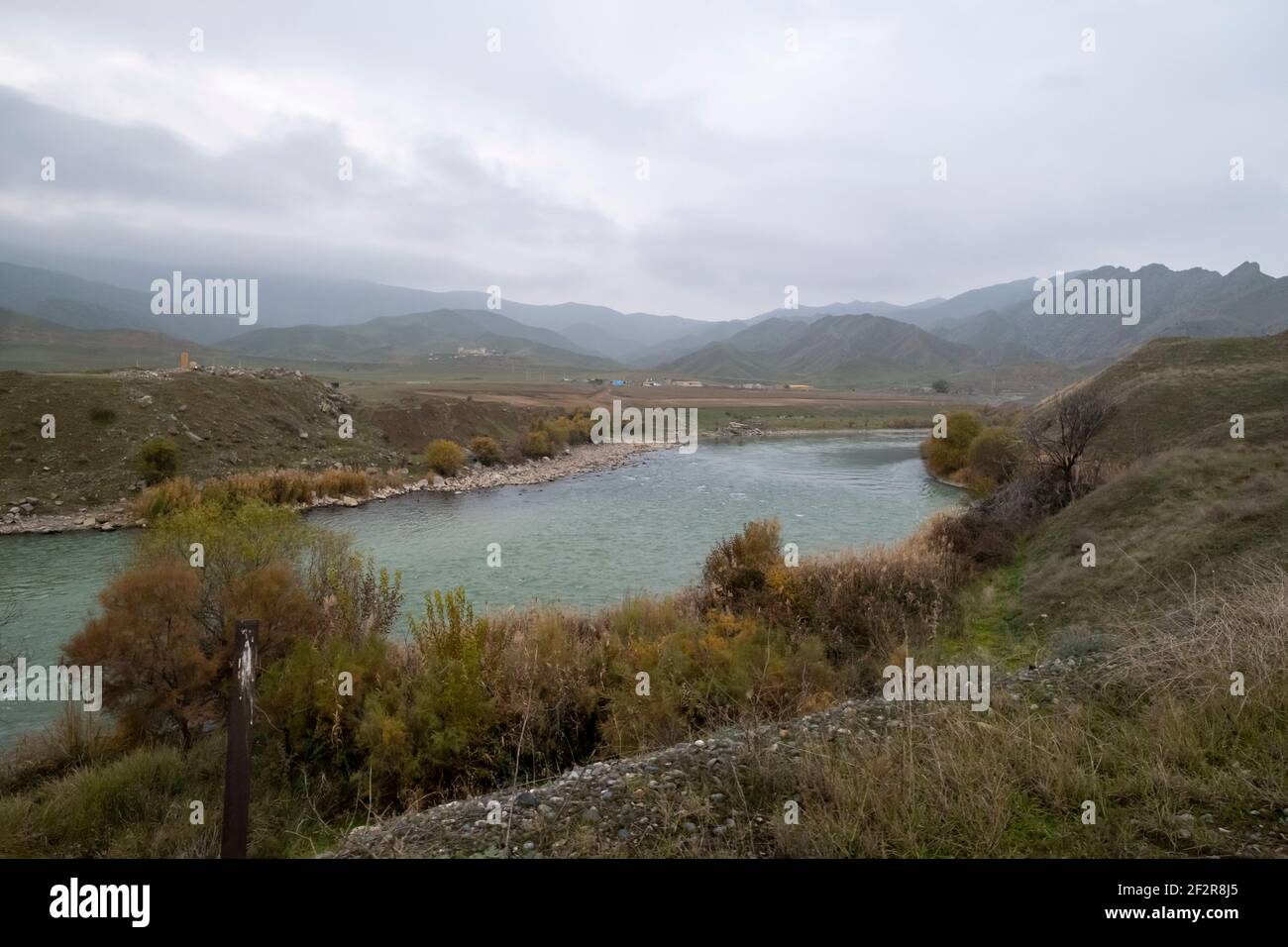JABRAYIL, AZERBAIJAN - DECEMBER 15: View of the Aras or Araxes or Araks river which flows along the border between Azerbaijan and Iran on December 15, 2020. Aras river borders territory which was controlled by ethnic Armenian authorities in Azerbaijan adjacent to Nagorno-Karabakh and was returned to Azerbaijani control as part of an agreement that ended the 2020 Nagorno-Karabakh War. Stock Photo