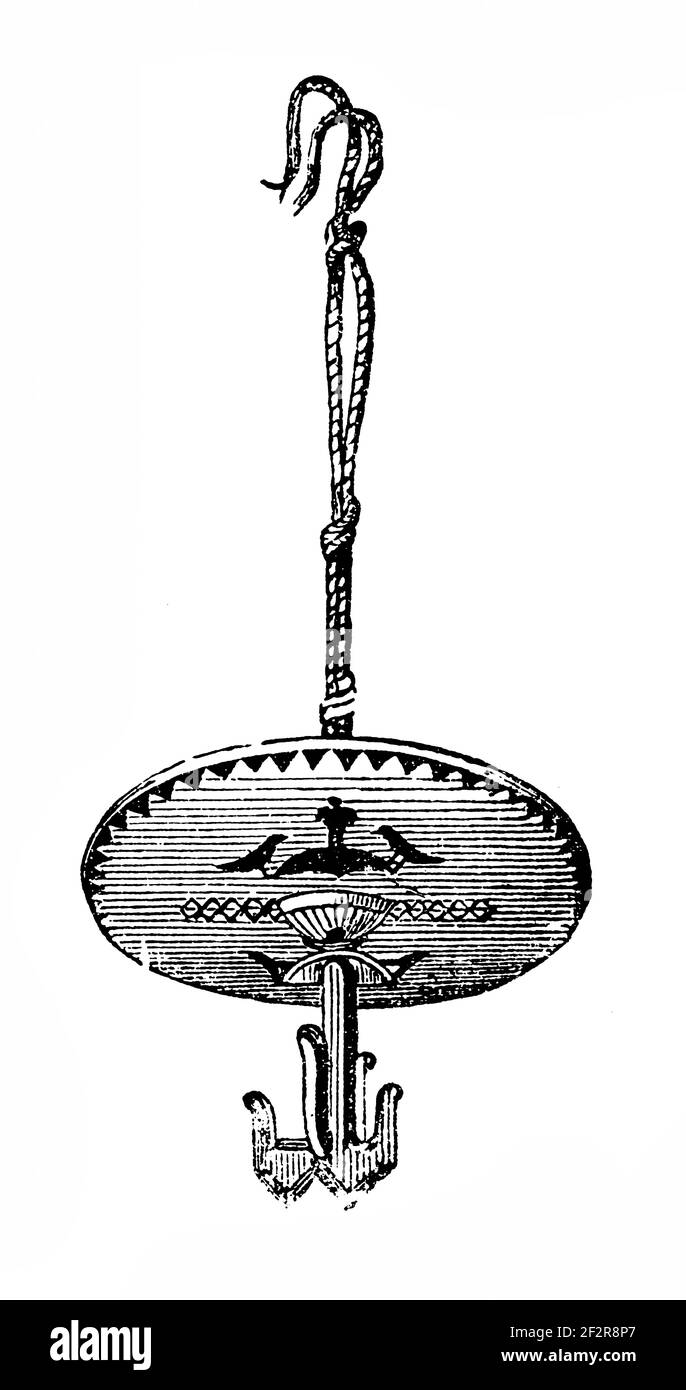 19th-century engraving of Polynesian artefacts. Illustration published in Systematischer Bilder-Atlas zum Conversations-Lexikon, Ikonographische Encyk Stock Photo