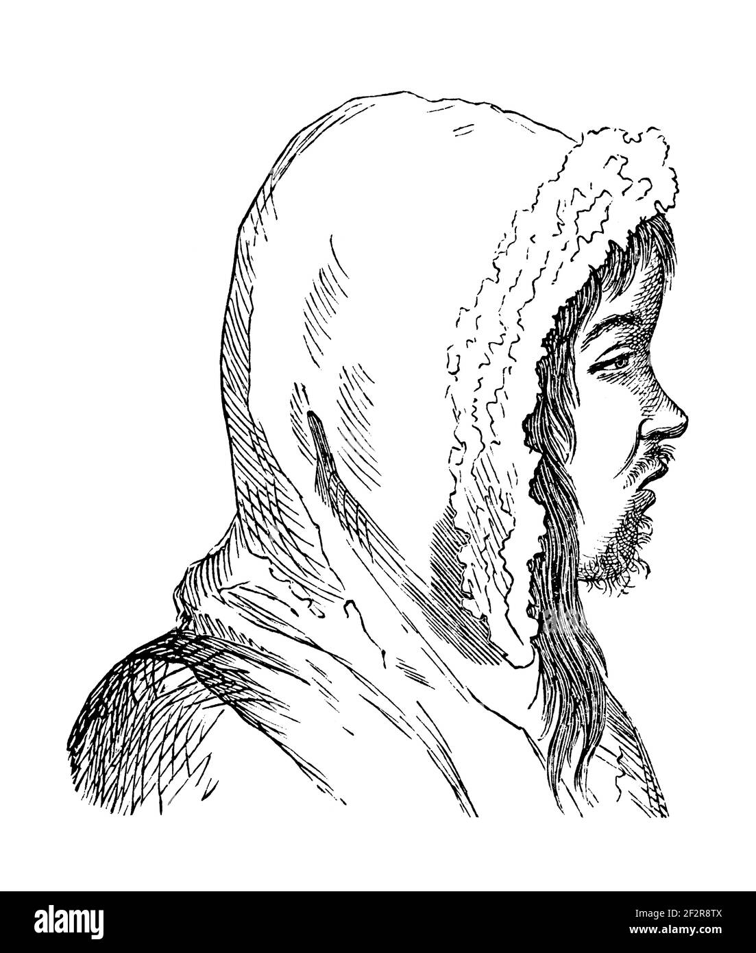 Antique 19th-century illustration of Eskimo from Greenland. Engraving published in Systematischer Bilder-Atlas zum Conversations-Lexikon, Ikonographis Stock Photo