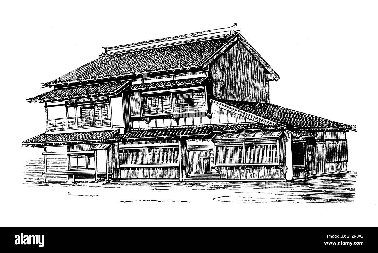 Antique engraving of a Japanese house. Illustration published in Systematischer Bilder-Atlas zum Conversations-Lexikon, Ikonographische Encyklopaedie Stock Photo