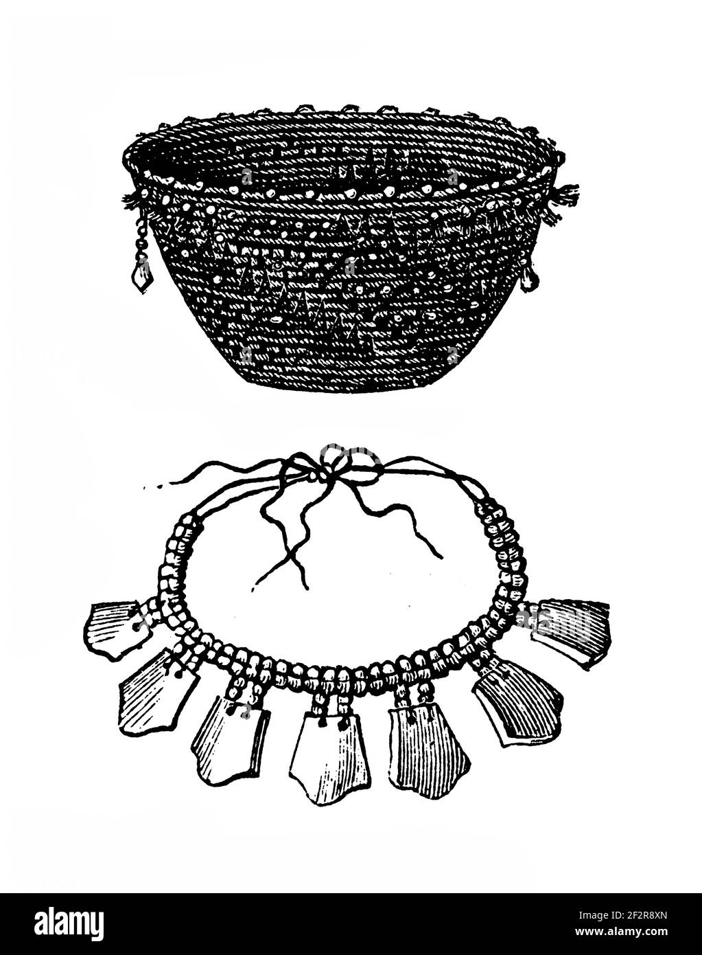 Antique 19th-century engraving of artefacts from Native Americans. Illustration published in Systematischer Bilder-Atlas zum Conversations-Lexikon, Ik Stock Photo