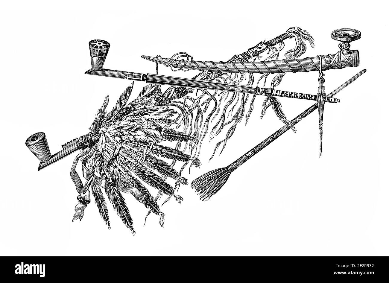 Antique 19th-century engraving of Sioux artefacts. Illustration published in Systematischer Bilder-Atlas zum Conversations-Lexikon, Ikonographische En Stock Photo