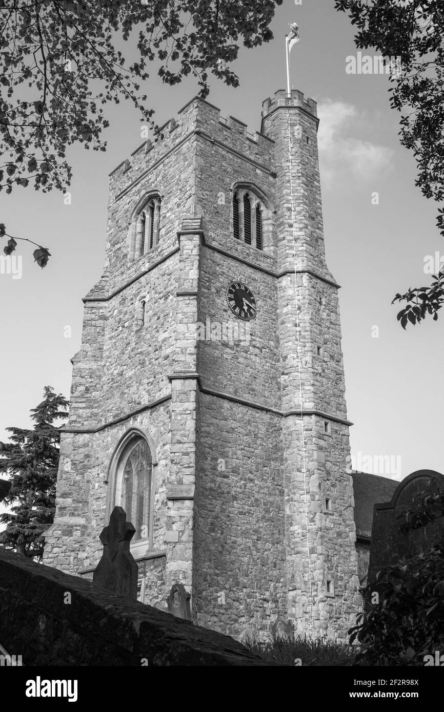 Black and white image of St Clement's Church, LeighonSea, Essex