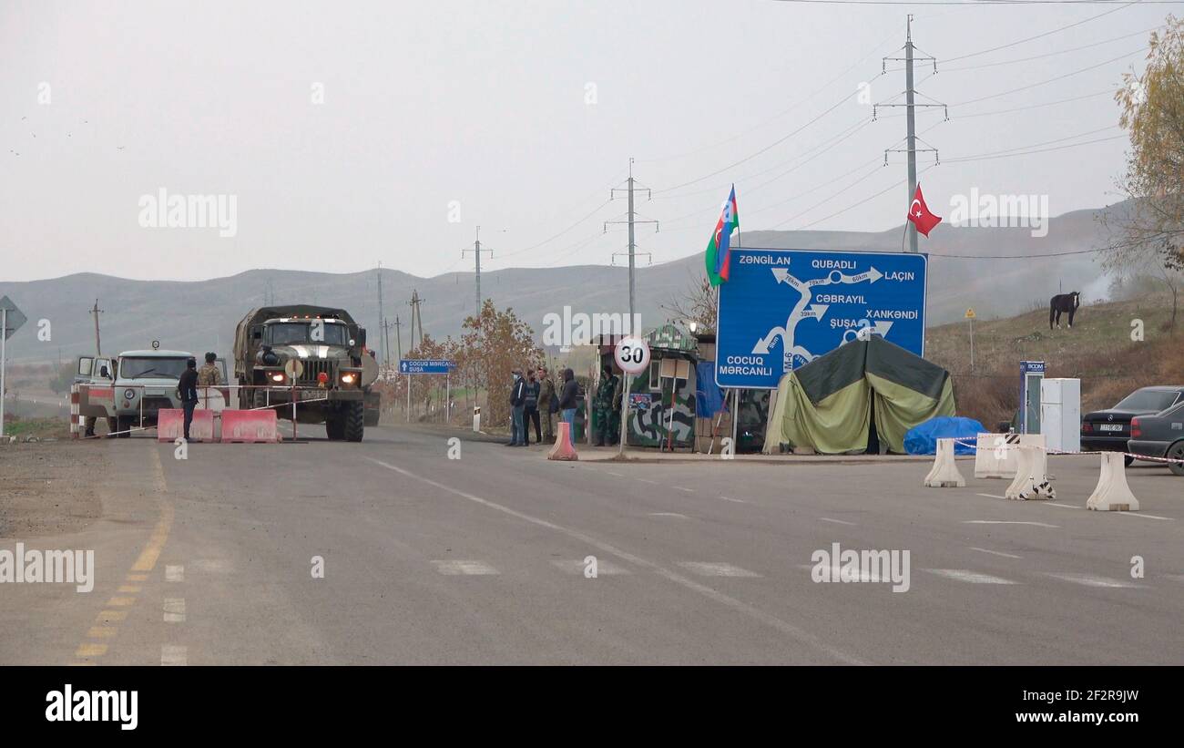 HORADIZ, AZERBAIJAN - DECEMBER 15: An Azerbaijani military checkpoint placed near the town of Horadiz, located in the Fizuli district adjacent to the Nagorno-Karabakh region on December 15 2020 Stock Photo