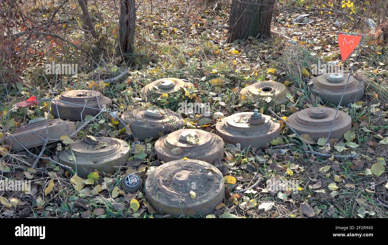 JABRAYIL, AZERBAIJAN - DECEMBER 15: Anti-tank mines and unconnected detonators seen during a clearing operation of Azerbaijani experts on  on December 15 2020 in the Jabrayil Rayon of Azerbaijan. The region of Nagorno-Karabakh is considered to be one of the most heavily mined regions of the former Soviet Union. Mines were laid from 1991–1994 by both Azerbaijani and Armenian forces during the First Nagorno-Karabakh War. Stock Photo
