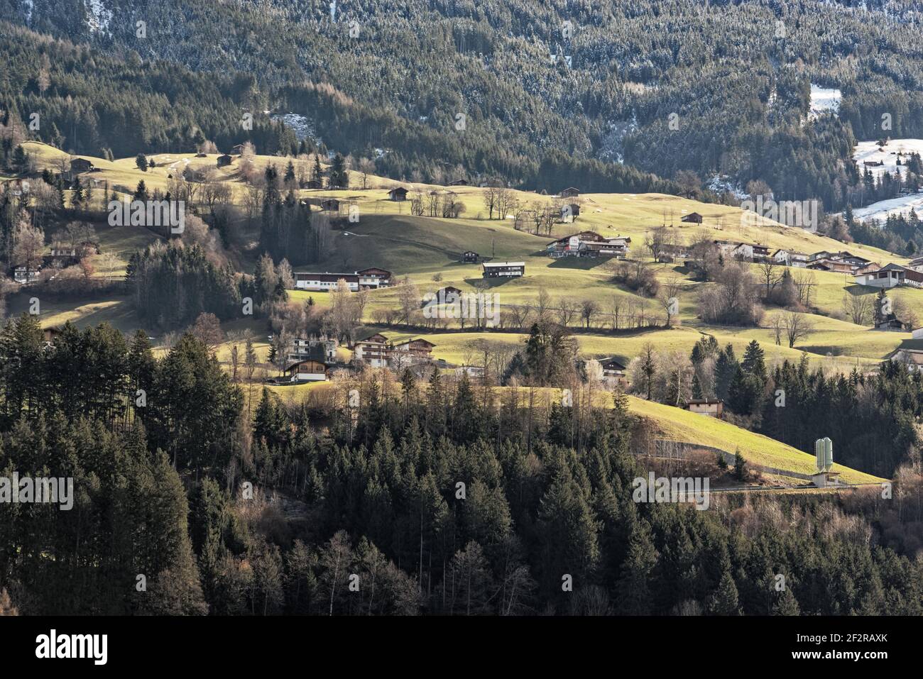 Looking on a village in a valley, Ziller Valley, Austria Stock Photo