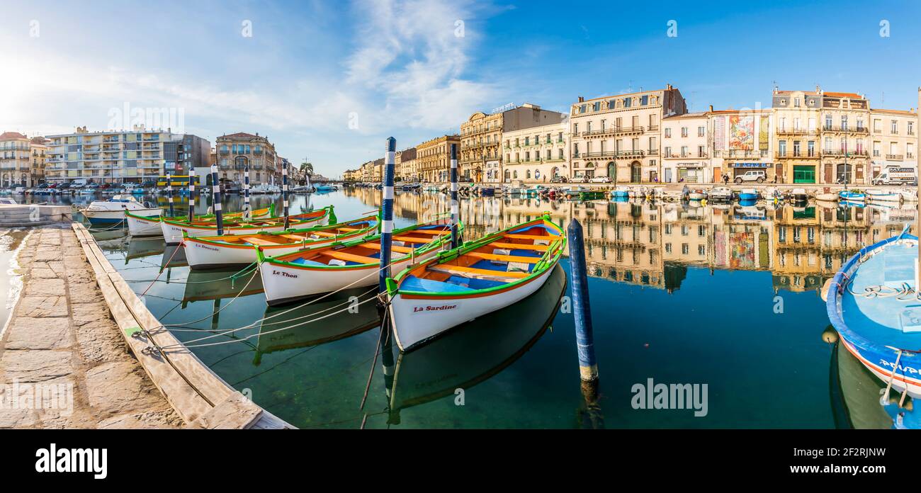 Typical boats of Sète on the royal canal in Sète, in Hérault, in Occitanie, France Stock Photo