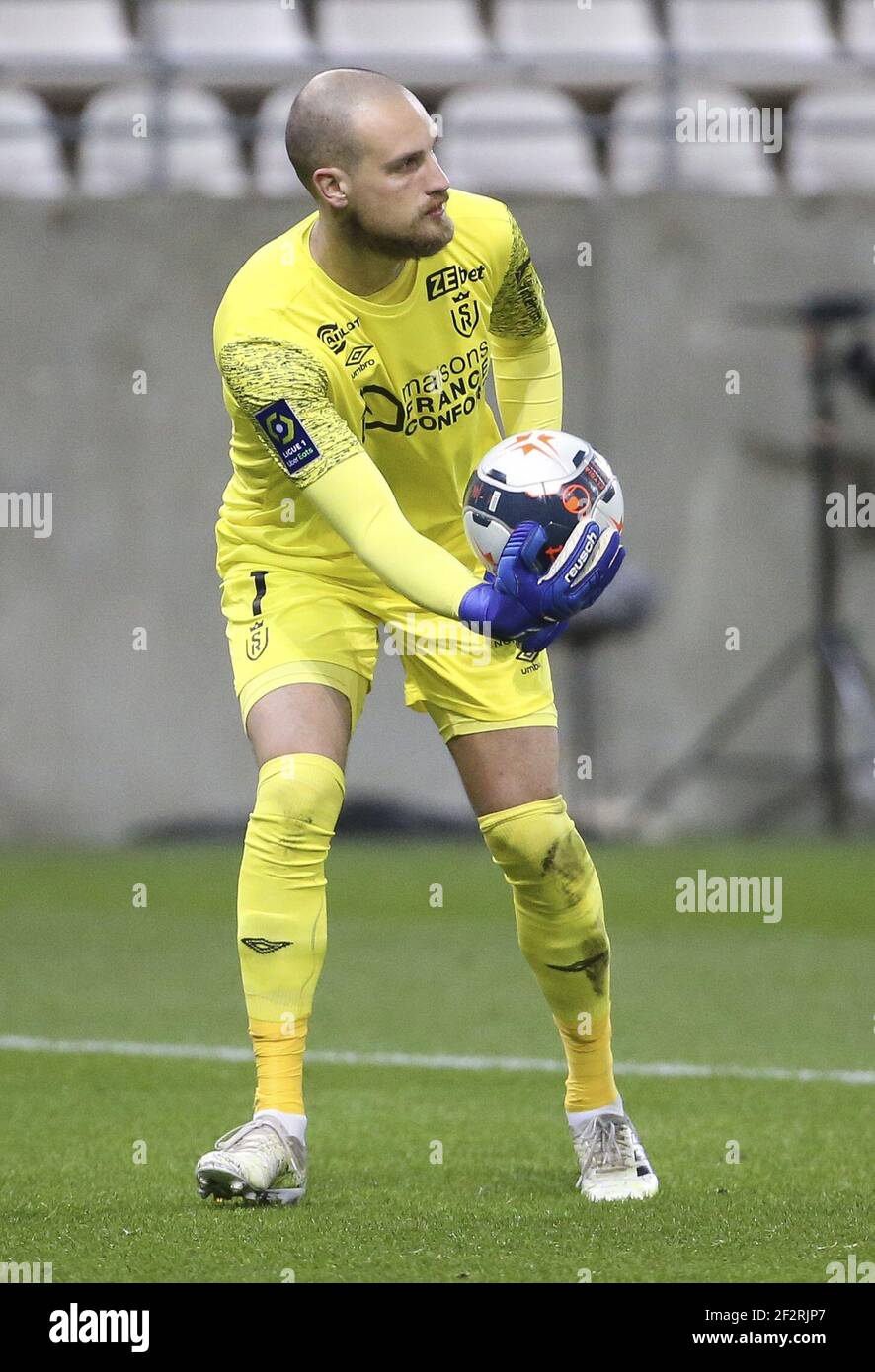 Goalkeeper of Reims Predrag Rajkovic during the French championship Ligue 1 football match between Stade de Reims and Olympique Lyonnais (OL) on March 12, 2021 at Stade Auguste Delaune in Reims, France - Photo Jean Catuffe / DPPI / LiveMedia Stock Photo