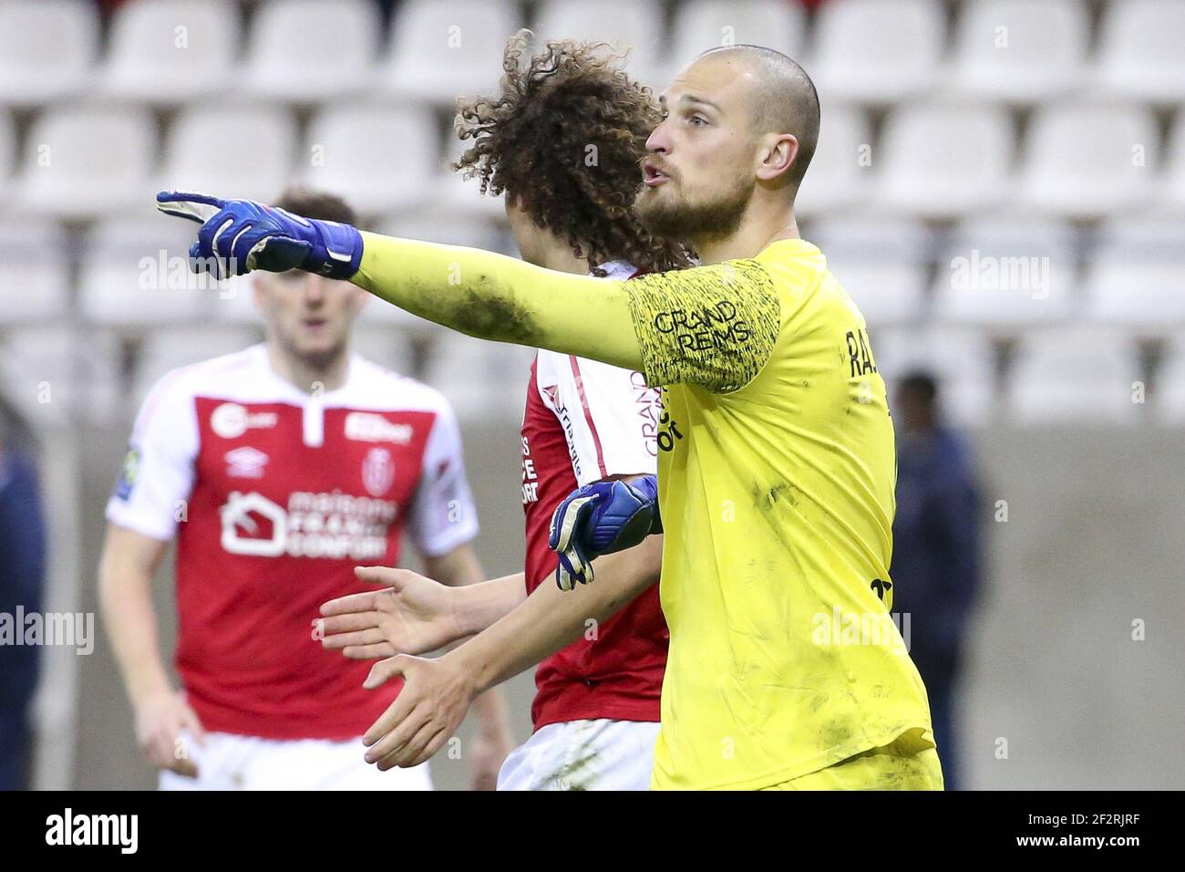 Goalkeeper of Reims Predrag Rajkovic during the French championship Ligue 1 football match between Stade de Reims and Olympique Lyonnais (OL) on March 12, 2021 at Stade Auguste Delaune in Reims, France - Photo Jean Catuffe / DPPI / LiveMedia Stock Photo