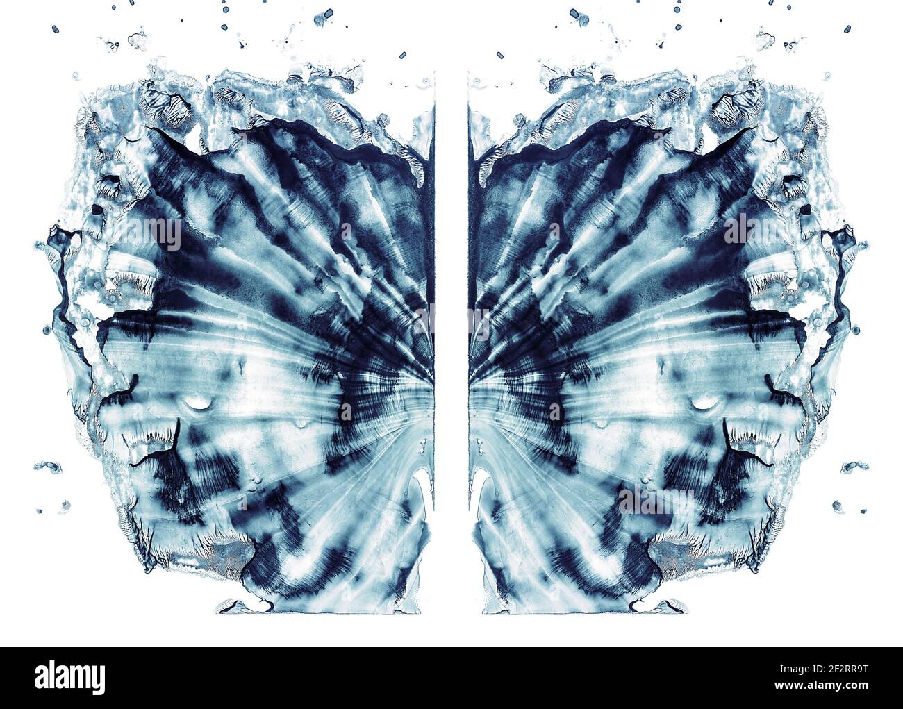 Rorschach test isolated on white illustration, random abstract blue background. Psycho diagnostic inkblot test. Stock Photo