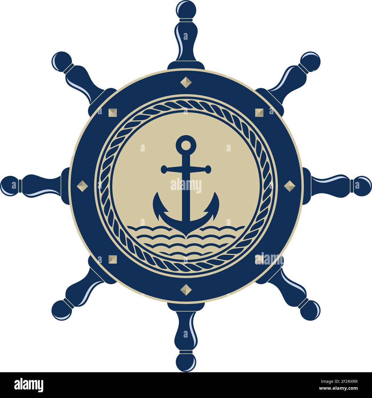Nautical Steering wheel symbol with anchor and rope in marine blue and beige as vector on isolated white background. Stock Vector