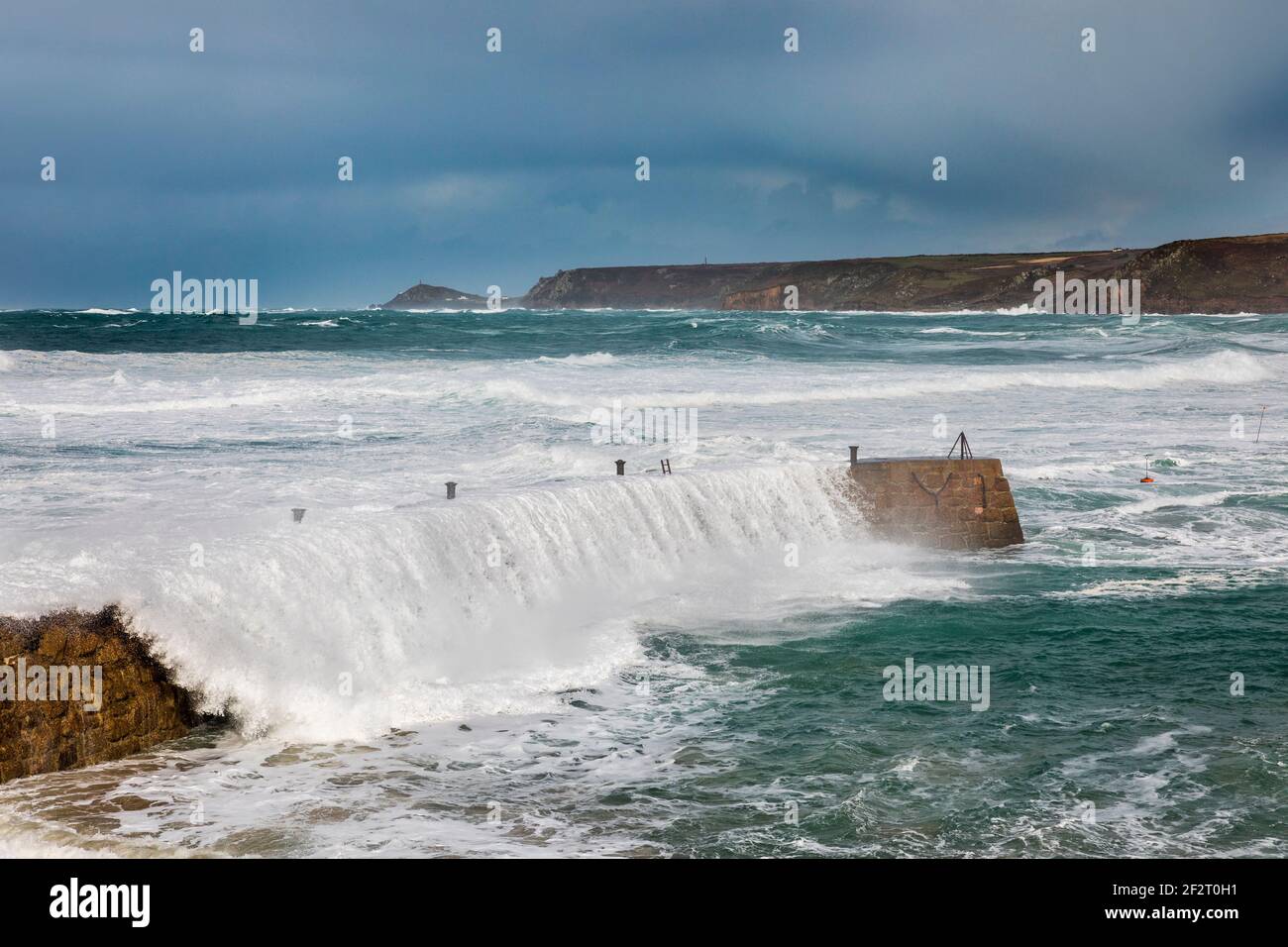 Sennen; Storm Waves over the Pier; Cornwall; UK Stock Photo