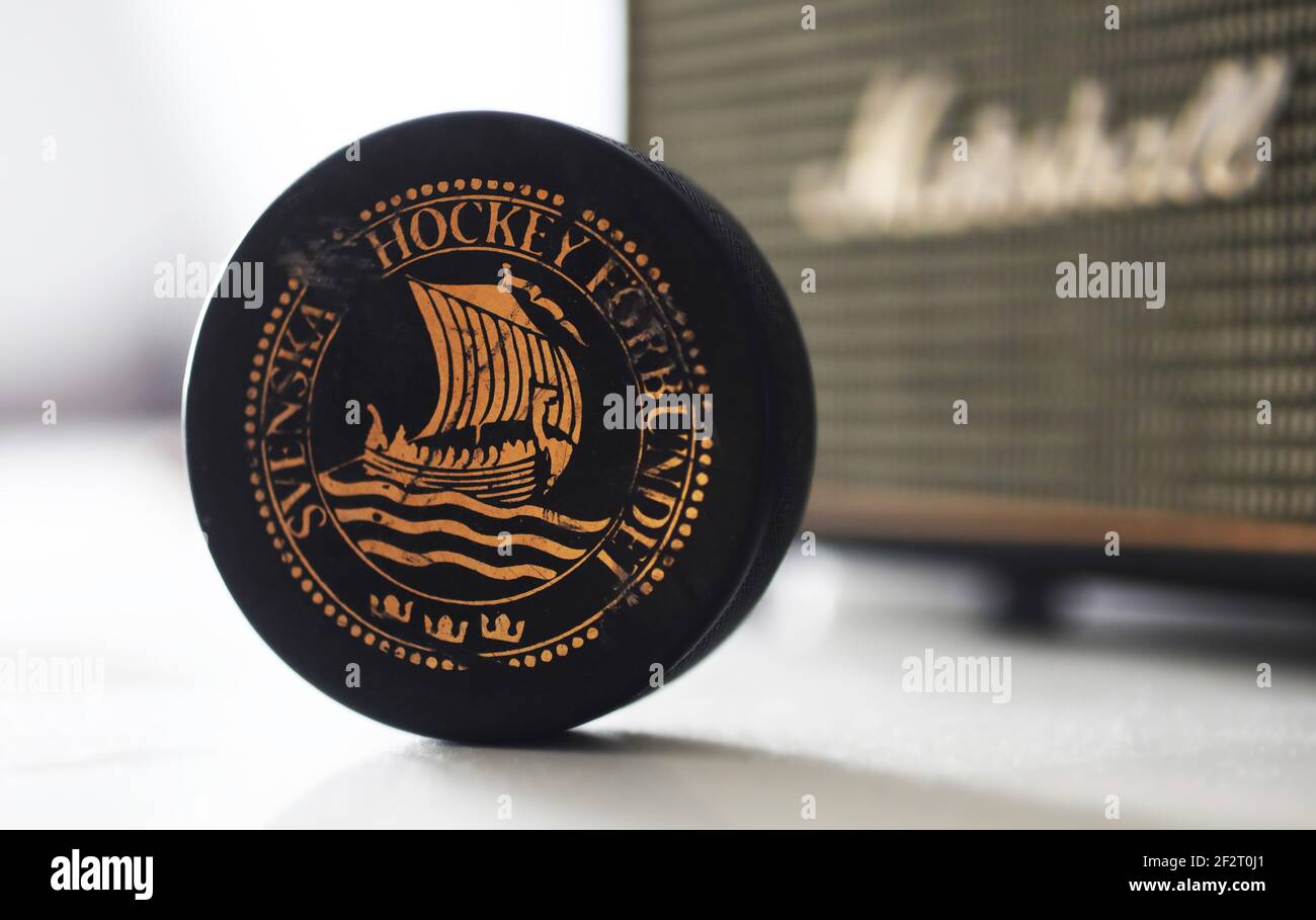 MOTALA, SWEDEN- 10 MARCH 2021: A hockey puck with emblems of the Swedish  Ice Hockey Association Stock Photo - Alamy