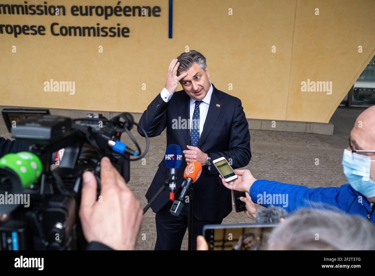 Le Premier Ministre de la Croatie Andrej Plenkovic a la sortie du Berlaymont, le siege de l'Union Europeenne. Bruxelles le 12/03/2021. Croatian Prime Stock Photo