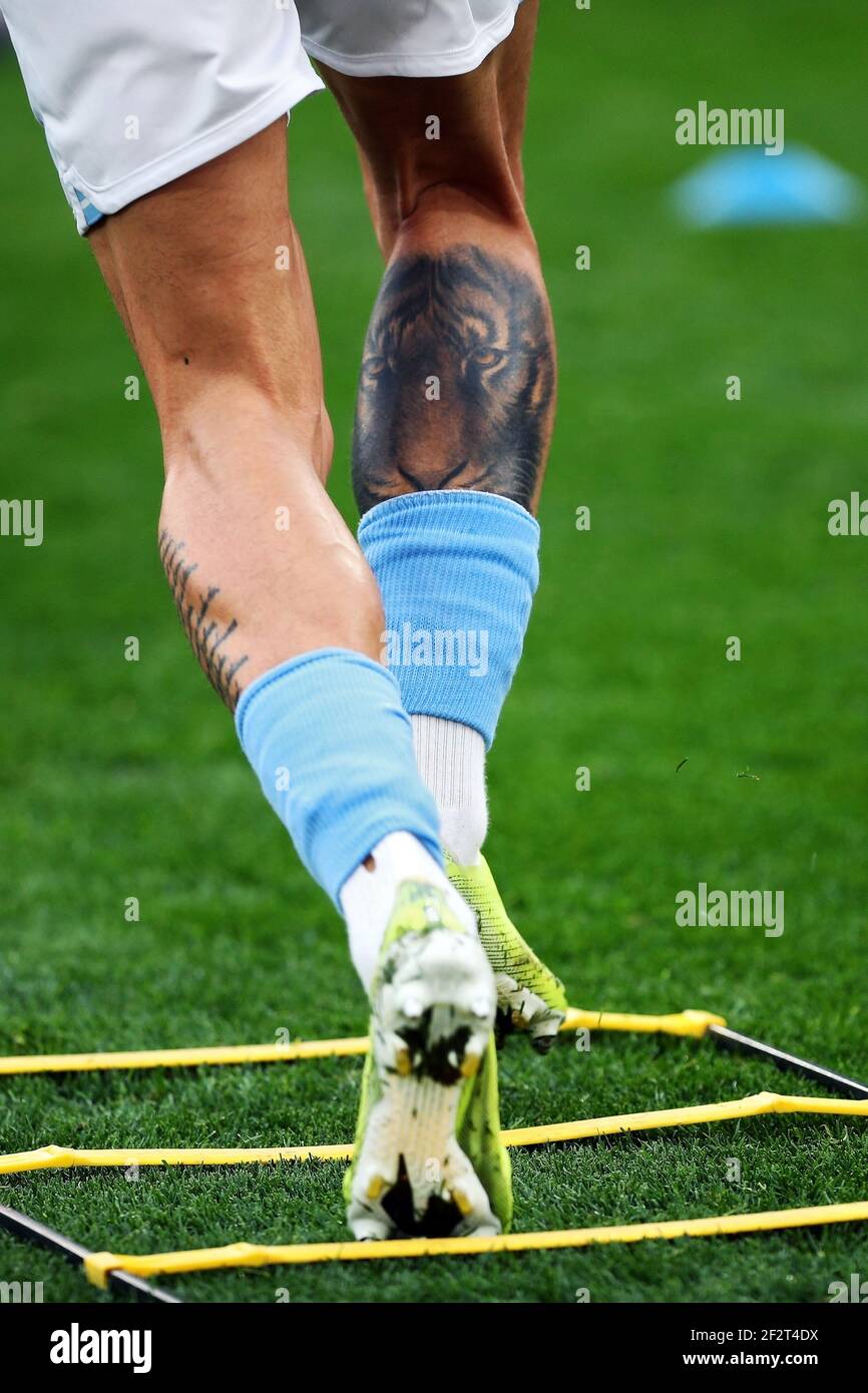 Joaquin Correa of Lazio shows his lion tattoo on his leg during the Italian championship Serie A football match between SS Lazio and FC Crotone on March 12, 2021 at Stadio Olimpico in Rome, Italy - Photo Federico Proietti / DPPI Stock Photo
