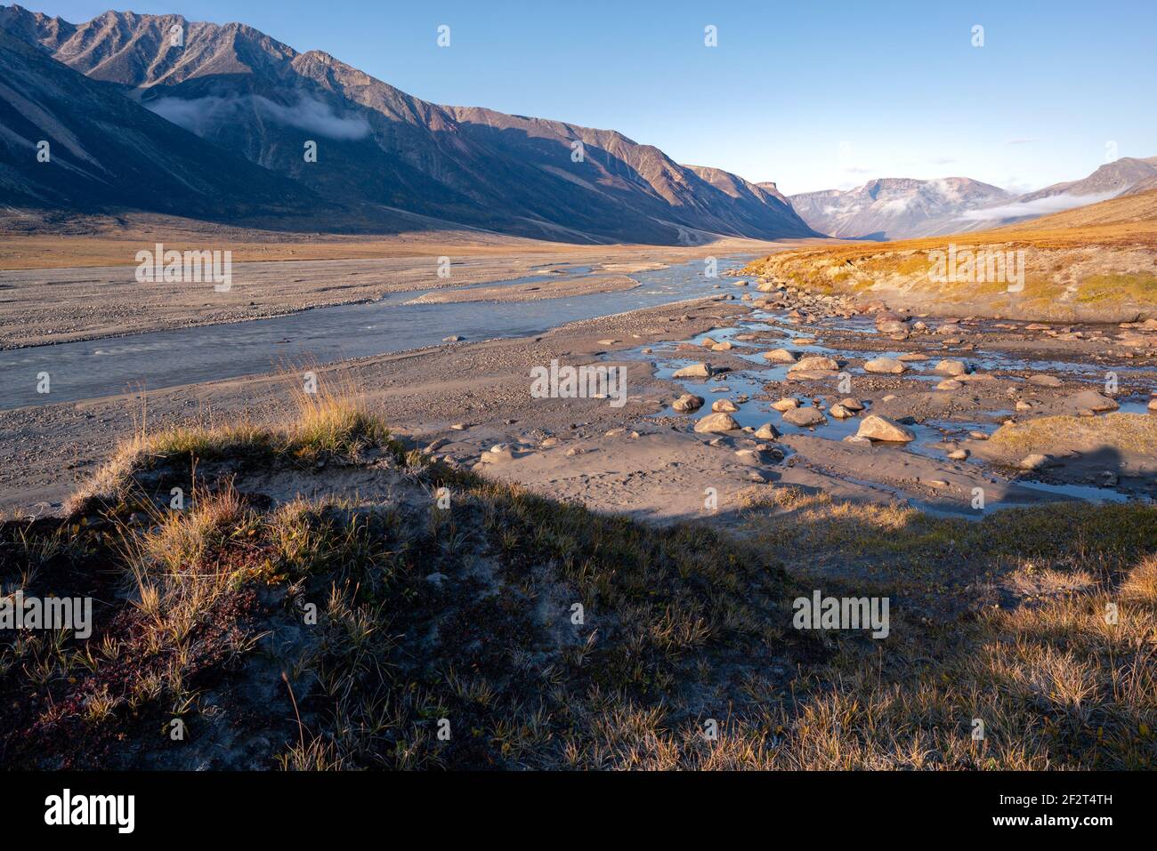 Owl River bed in arctic remote valley, Akshayuk Pass, Nunavut. Beautiful arctic landscape in the late, sunny afternoon. Iconic mountains on distant Stock Photo