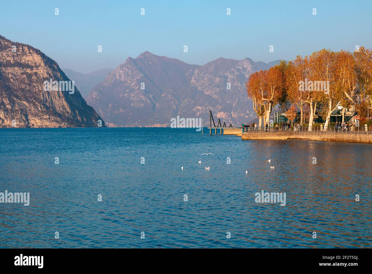 beautiful autumn panoramic view of Lake Iseo and the island Monte Isola (Lombardy, Italy) Stock Photo