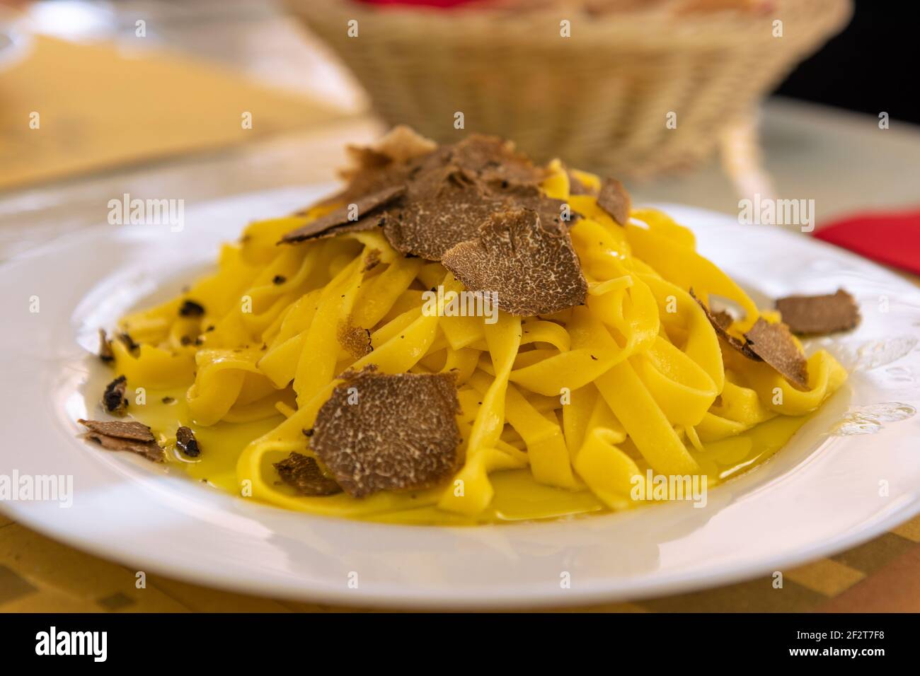 Italian fettuccine pasta with black truffle and olive oil Stock Photo