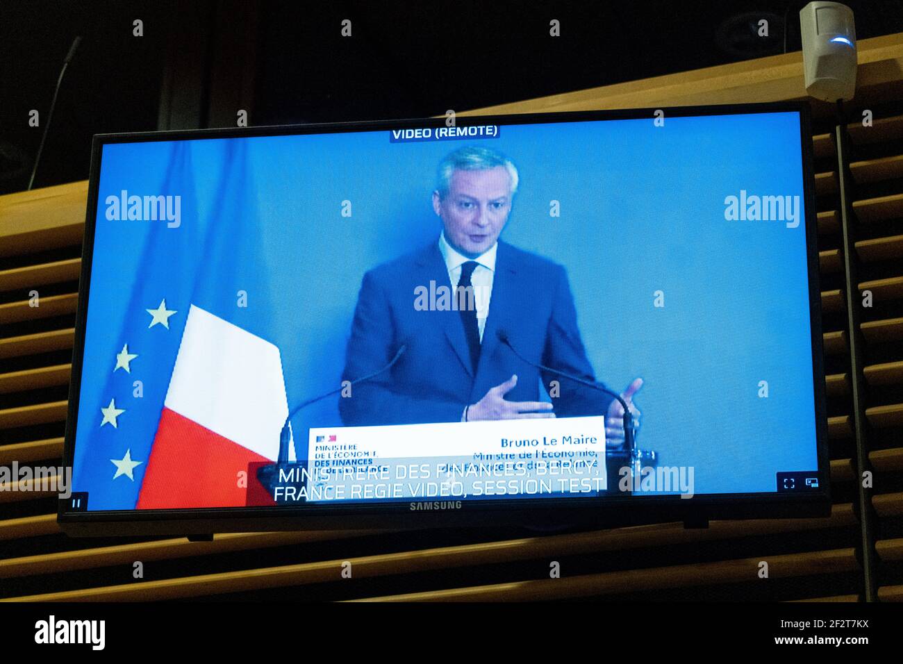 Press conference with Vice President Maros Sefcovic, Commissioner Thierry Breton, French Minister of Economy and Finance Bruno Le Maire (in videoconfe Stock Photo