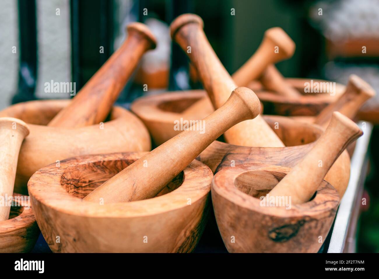 Handmade wooden mortar. Kitchen utensils. Wooden mortar composition