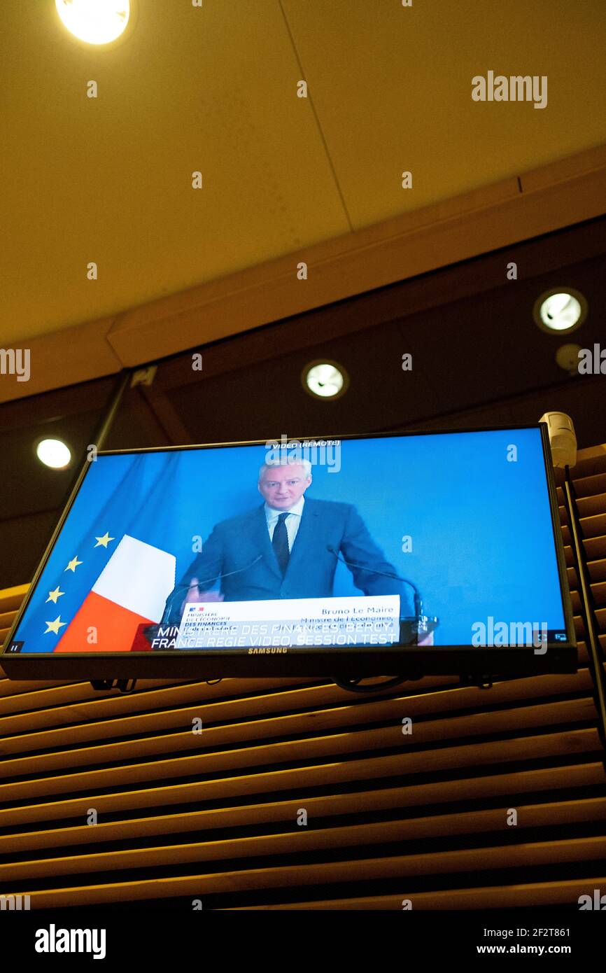 Press conference with Vice President Maros Sefcovic, Commissioner Thierry Breton, French Minister of Economy and Finance Bruno Le Maire (in videoconfe Stock Photo