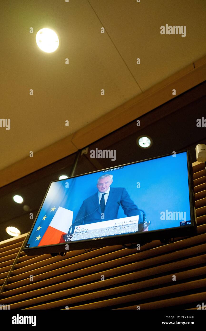 Press conference with Vice President Maros Sefcovic, Commissioner Thierry Breton, French Minister of Economy and Finance Bruno Le Maire (in videoconfe Stock Photo