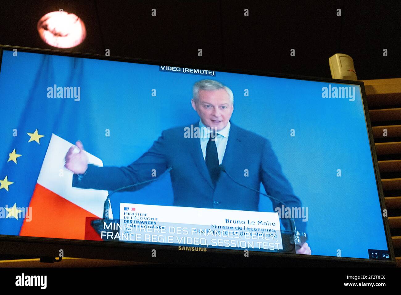 Press conference with Vice President Maros Sefcovic, Commissioner Thierry Breton, French Minister of Economy and Finance Bruno Le Maire (in videoconfe Stock Photo