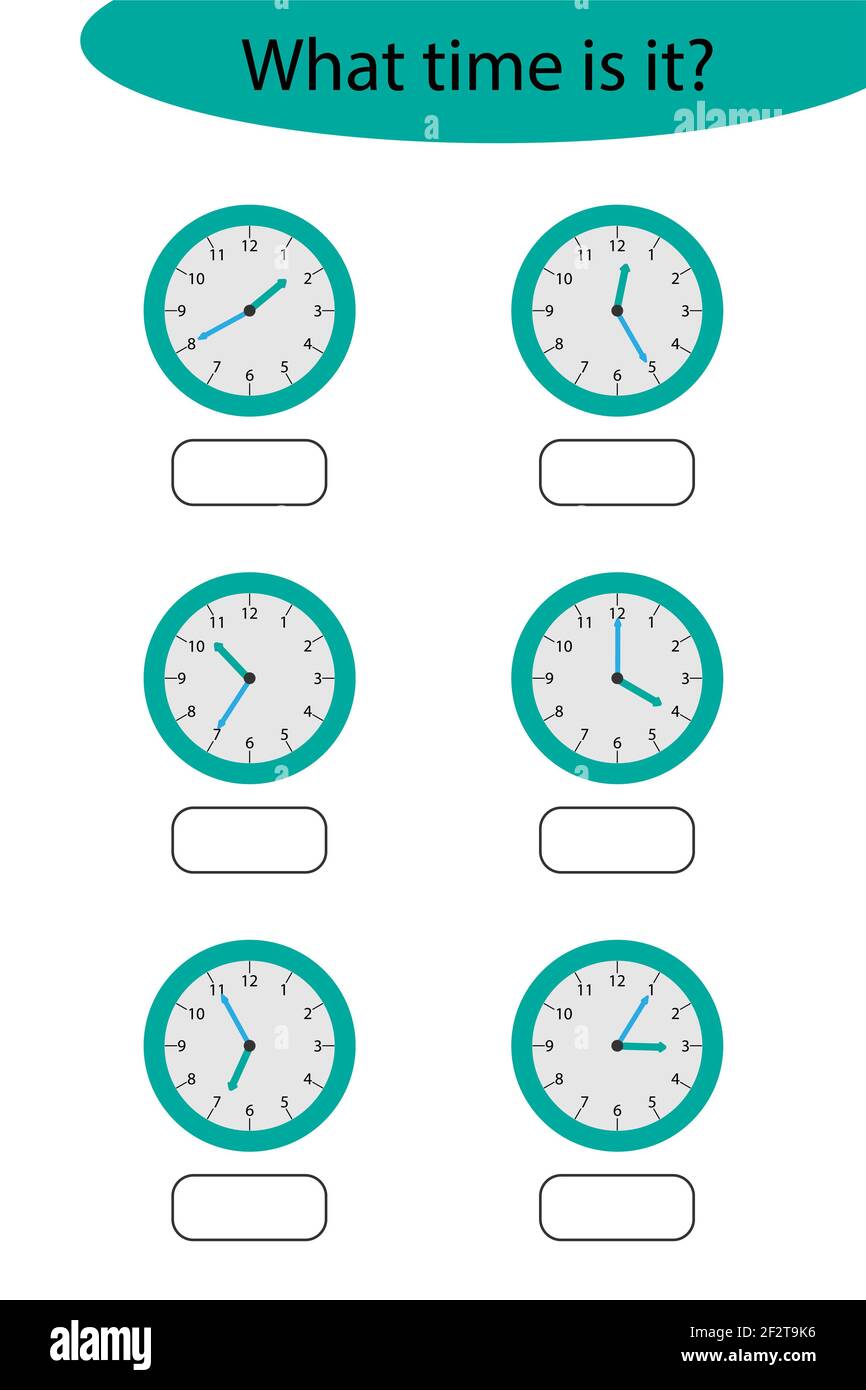 What time is it, game with clocks for children, fun education activity