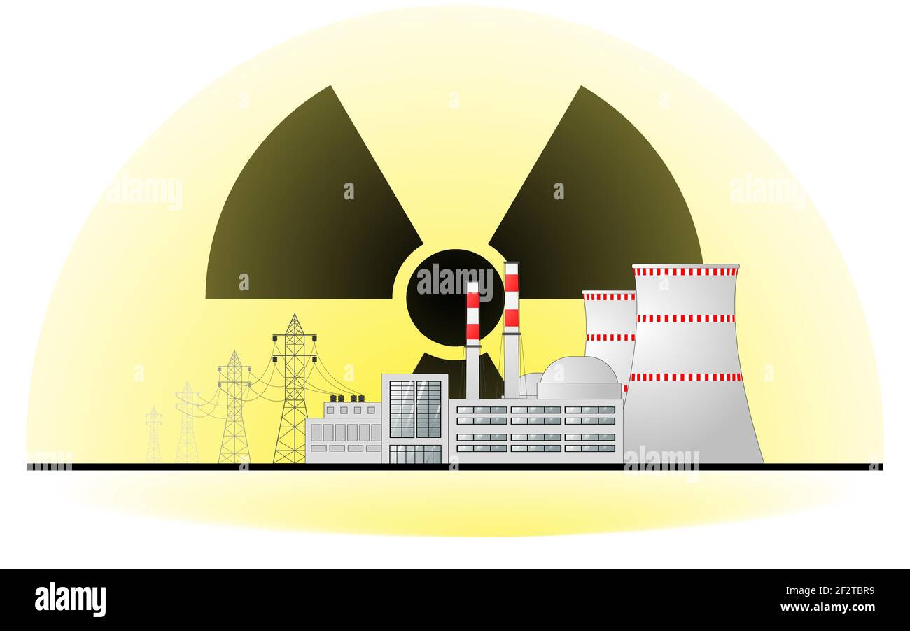 Nuclear power plant against the background of the radiation hazard sign