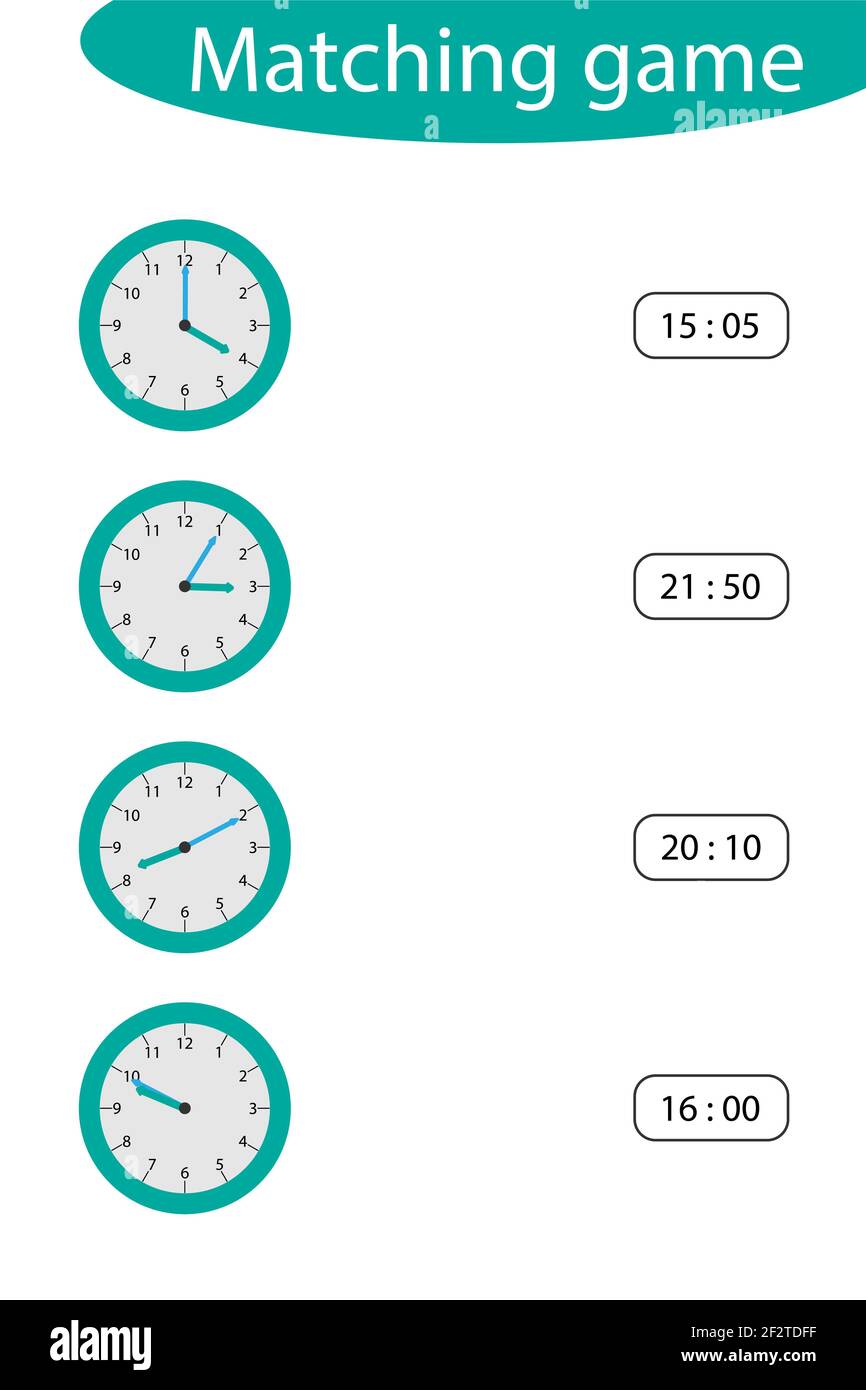 What time is it, matching game with clocks for children, fun education