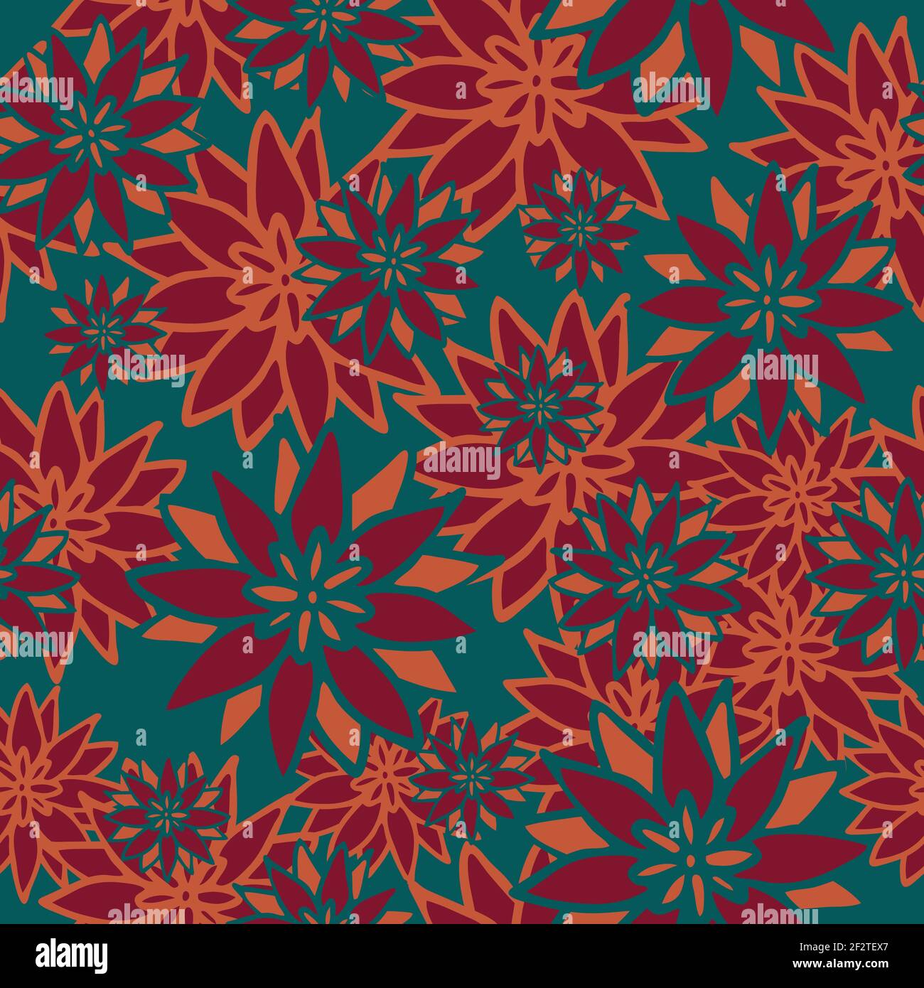 Seamless vector pattern with red flowers on teal blue background ...