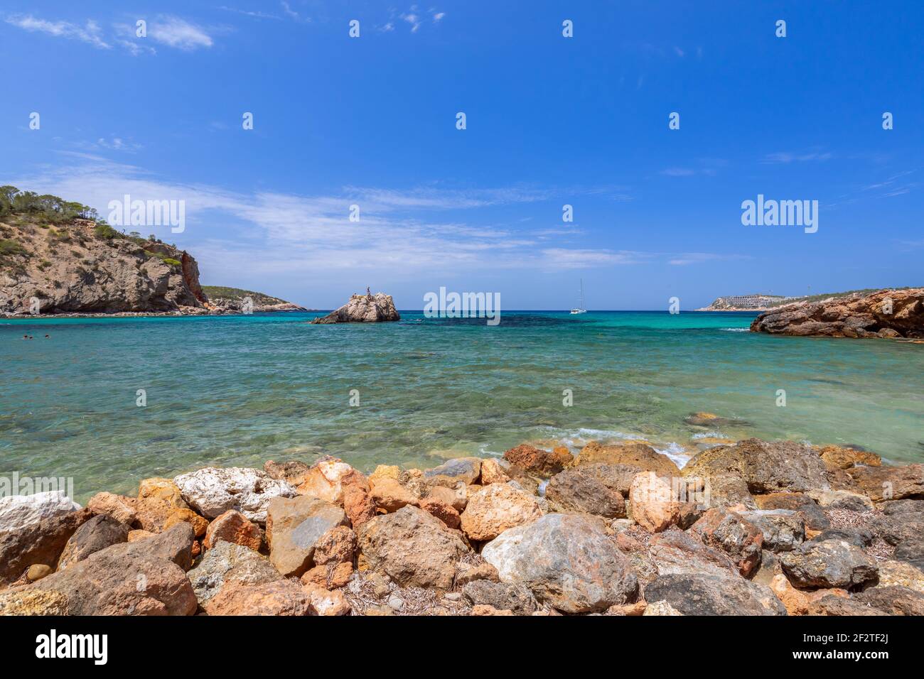 Panoramic view of the bay Cala Xarraca. Ibiza, Balearic Islands, Spain Stock Photo